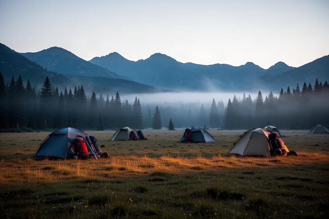 Tentes de randonnée montées dans une prairie de montagne brumeuse au crépuscule