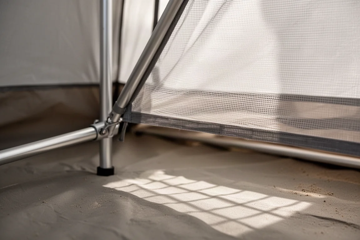 Gros plan d'un panneau intérieur de tente en mesh avec la lumière du jour qui traverse la maille