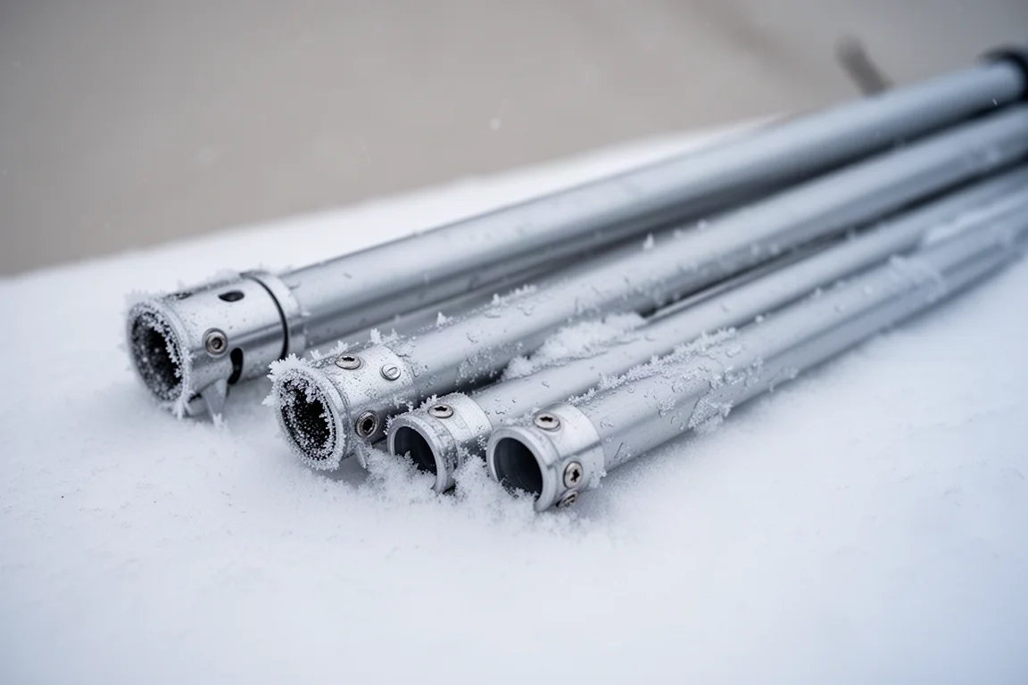 Sections d'arceaux de tente en aluminium couvertes de givre reposant sur de la neige fraîche