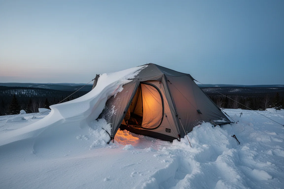 Tente quatre saisons montée dans la neige profonde à l'heure bleue avec une lumière chaude à l'intérieur