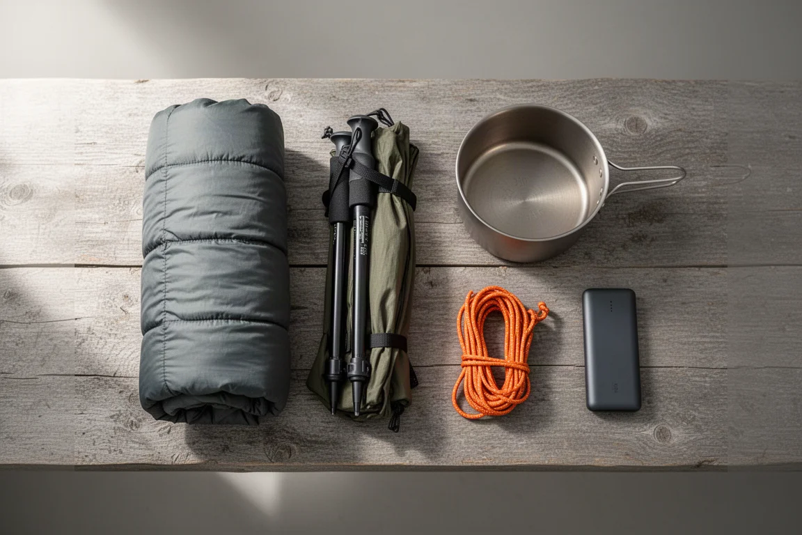 Equipamento de mochilão ultralight disposto sobre madeira cinzenta desgastada