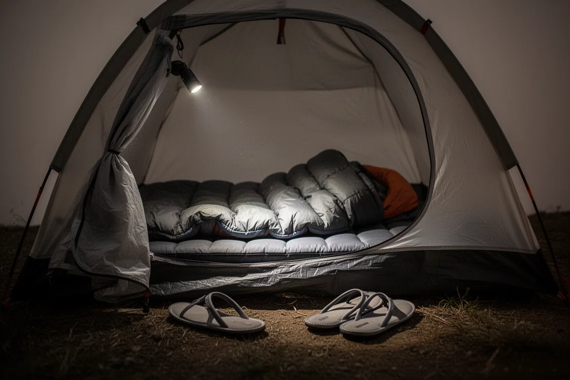 Interior de barraca à noite com colchonete, quilt e pantufas de acampamento