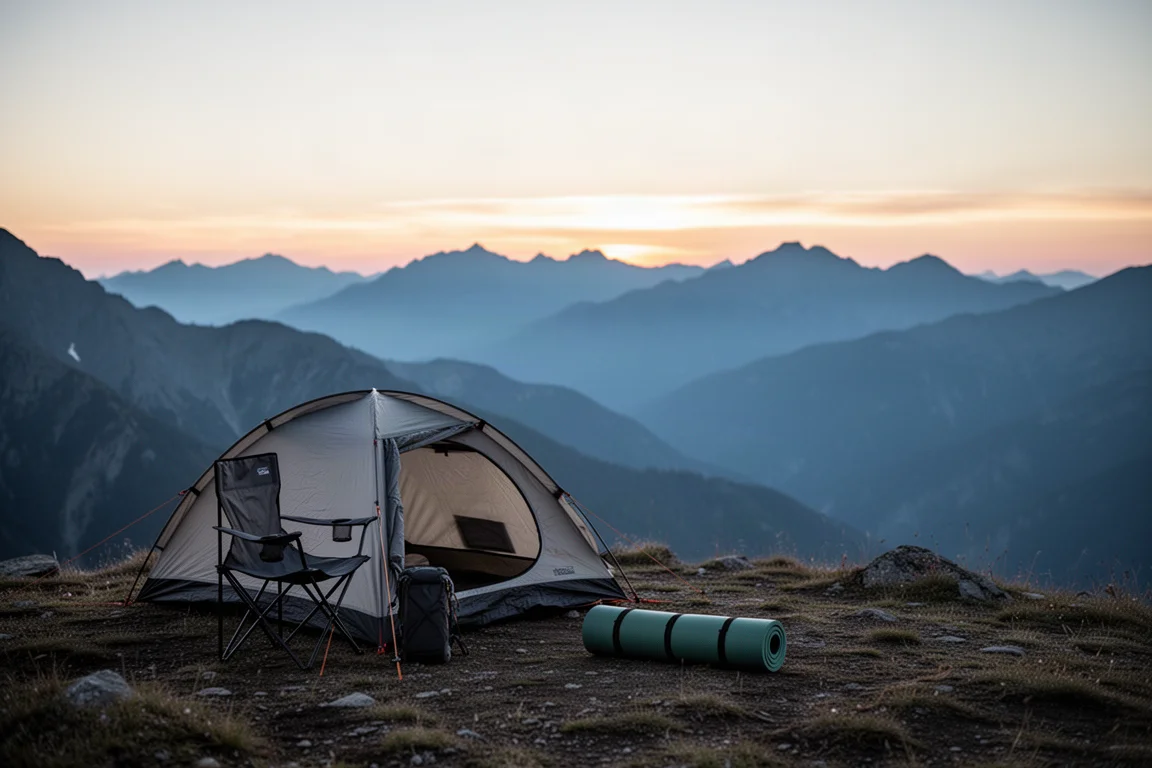 Acampamento alpino ao anoitecer com barraca de perfil baixo sobre uma crista