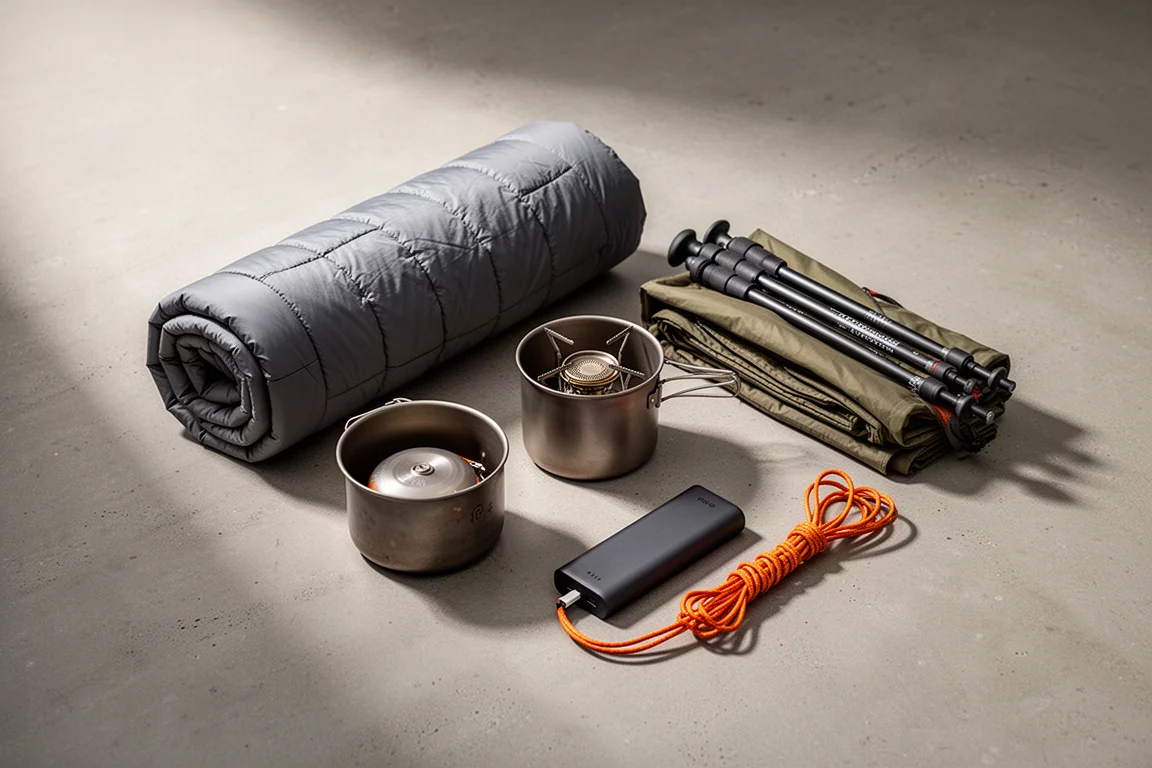 Ultralight backpacking gear arranged on a matte concrete surface