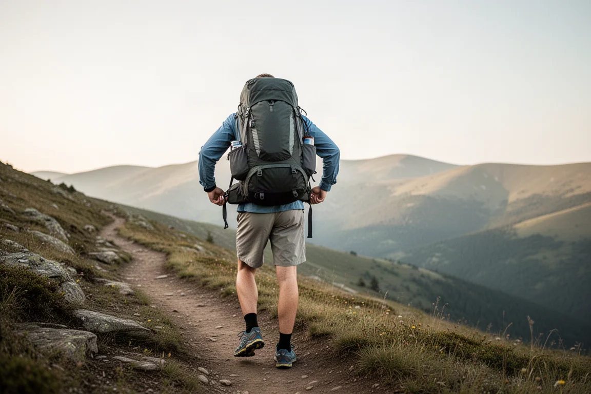 Randonneur ajustant son sac à dos sur un sentier de montagne panoramique