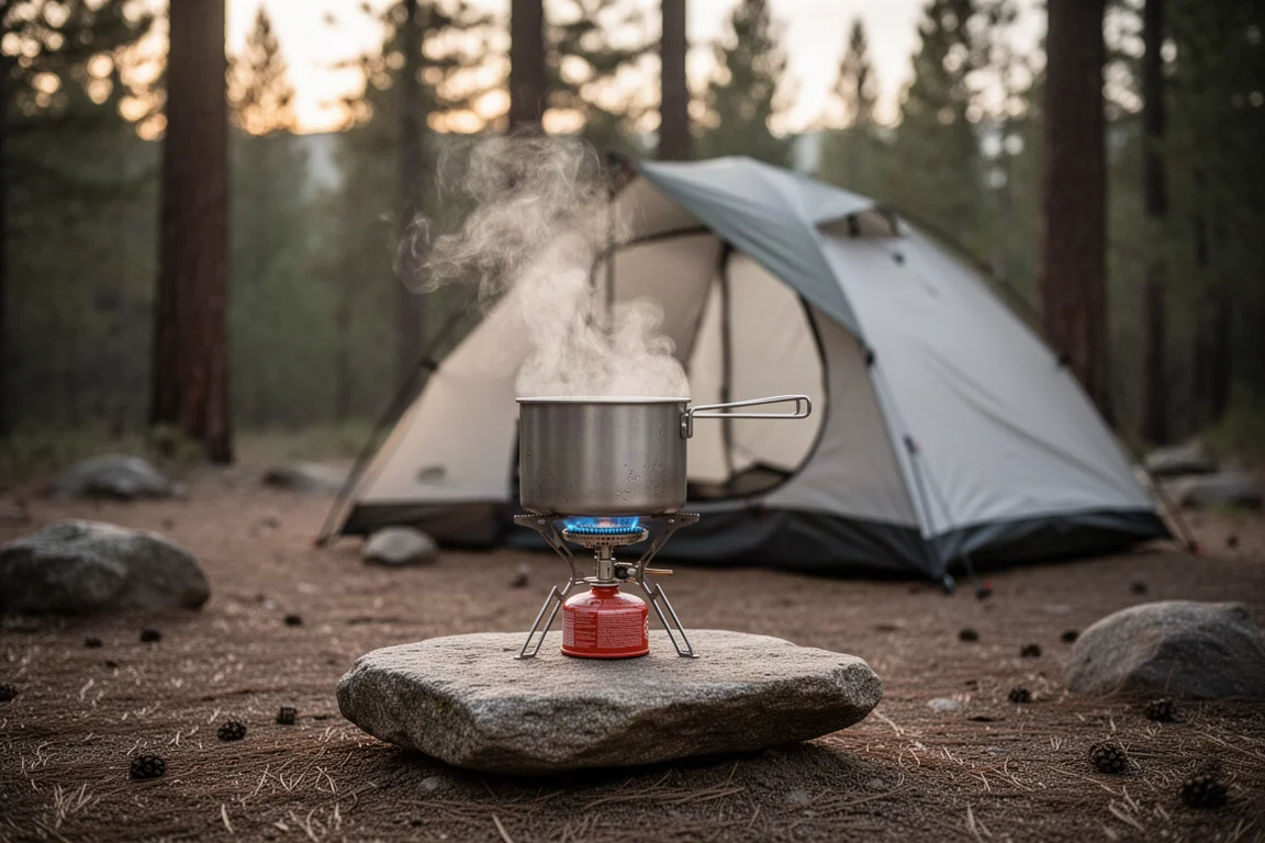 Réchaud de camping faisant bouillir de l'eau au campement avec une tente en arrière-plan