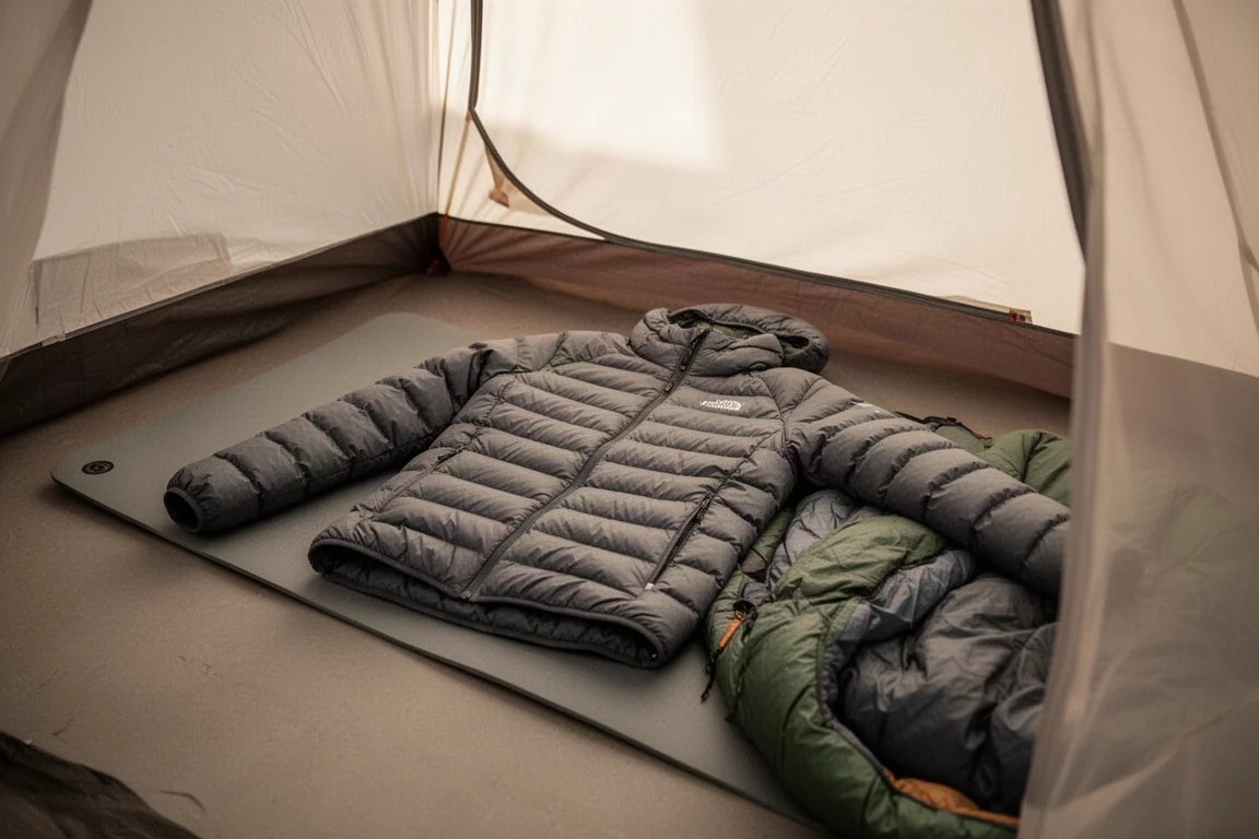 Veste en duvet disposée sur un matelas de couchage à l'intérieur d'une tente
