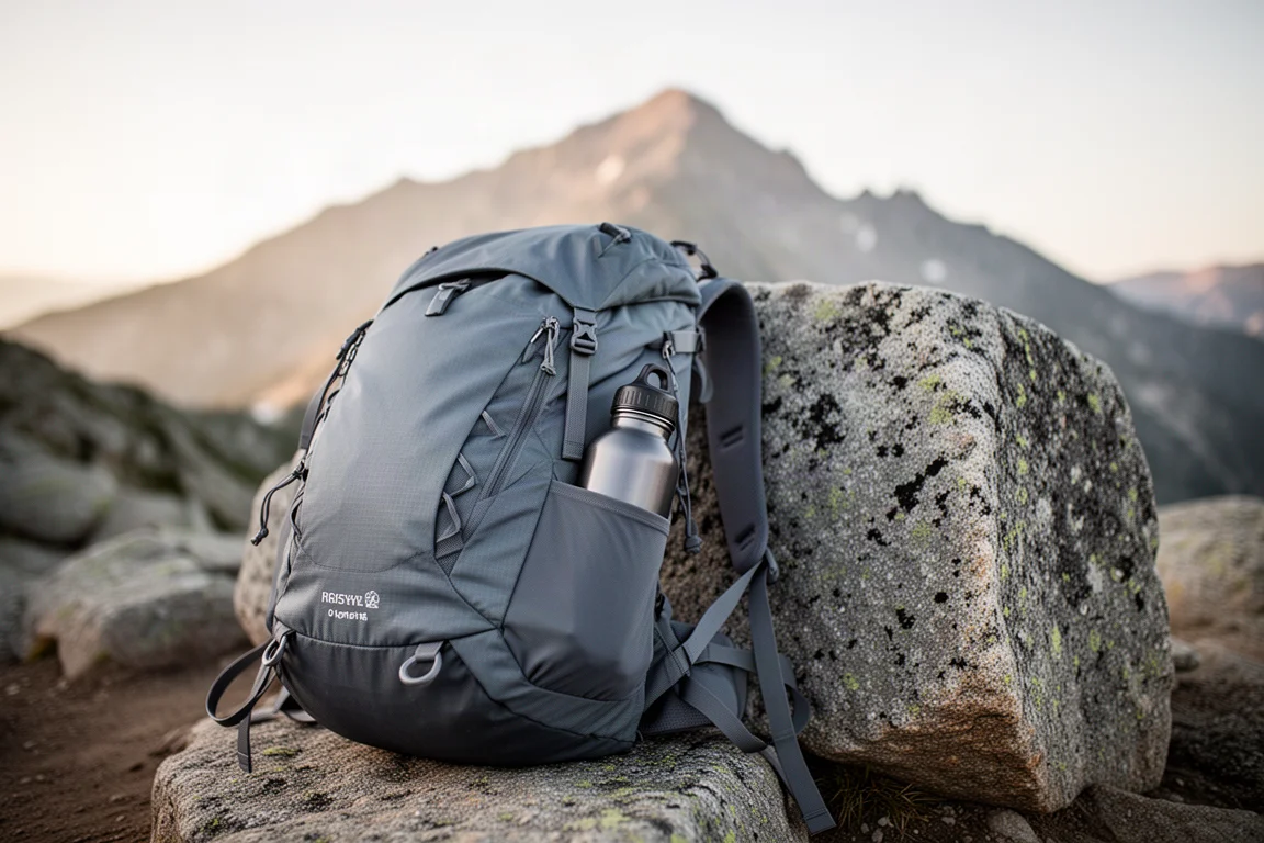 Backpacking-Rucksack auf Granit abgelegt mit einer Wasserflasche in der Fronttasche
