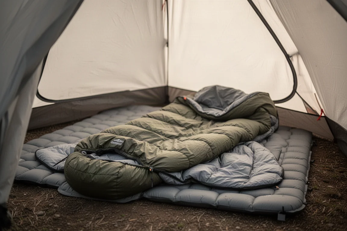Backpacking-Quilt über einer Isomatte im Zelt ausgebreitet in weichem Morgenlicht