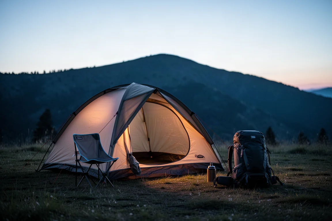 Zeltplatz in der Abenddämmerung mit beleuchtetem Zelt, Campingstuhl und Rucksack auf dem Gras