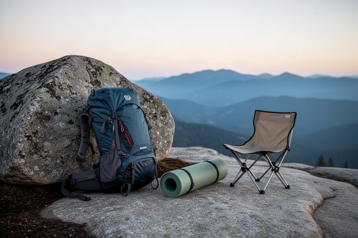 Backpacking campsite at dusk with a pack, sleeping pad, and camp chair on a granite ledge
