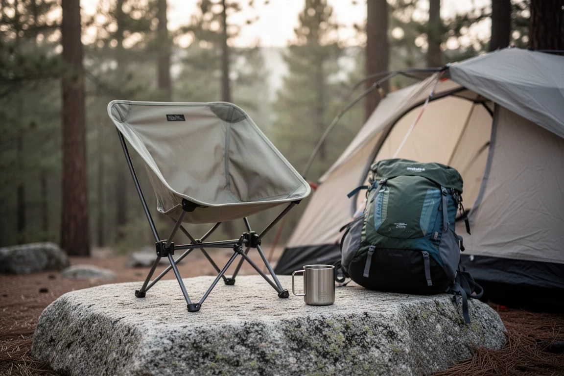 Lightweight camp chair beside a tent on a granite slab in morning light