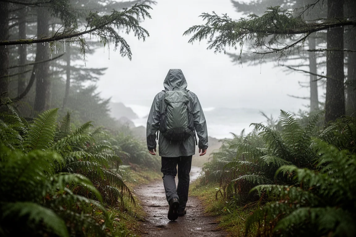 Hiker in a rain shell walking a misty coastal forest trail seen from behind