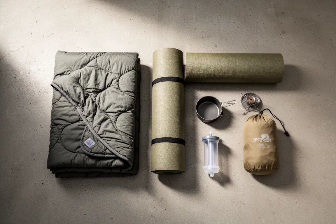 Overhead flat-lay of backpacking gear arranged on a concrete surface