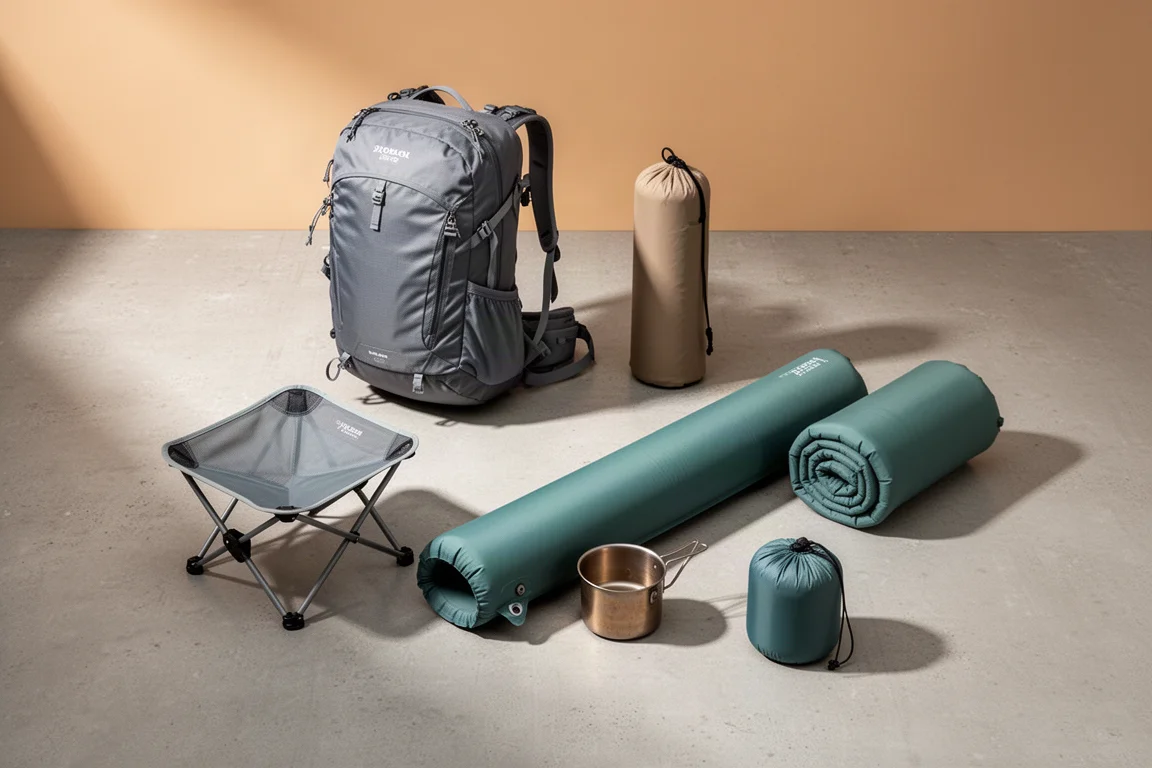 Backpacking comfort gear arranged on a concrete surface including a pack, chair, and sleeping pad