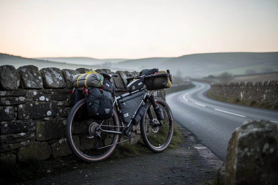 清晨時分,滿載的 bikepacking 單車斜靠在石牆上