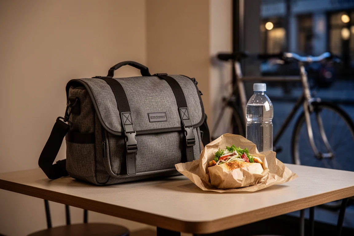 咖啡店桌上放著滿載的 musette 袋,旁邊有包裝食物和水樽
