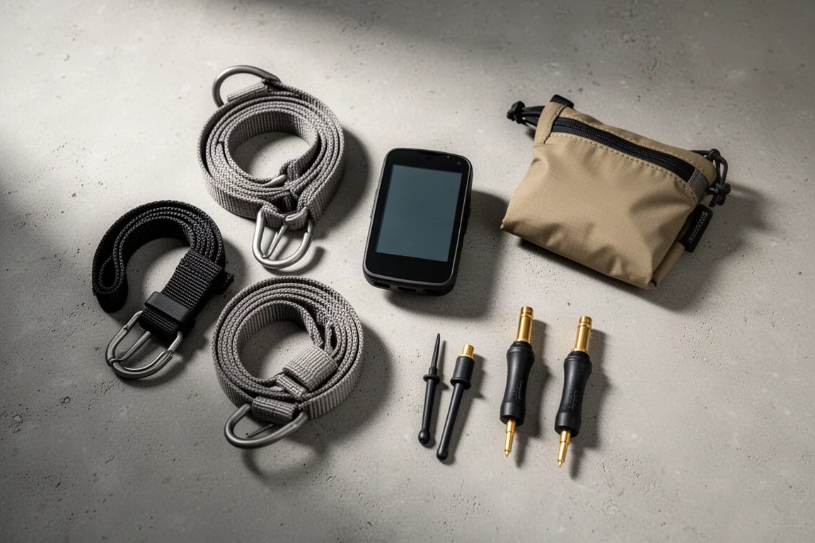 Flat-lay of bikepacking gear including straps, a bike computer, a musette bag and plug tools