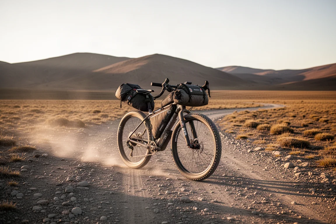 Bici da bikepacking gravel carica che scorre su una pista sassosa e asciutta nella luce dorata del tramonto