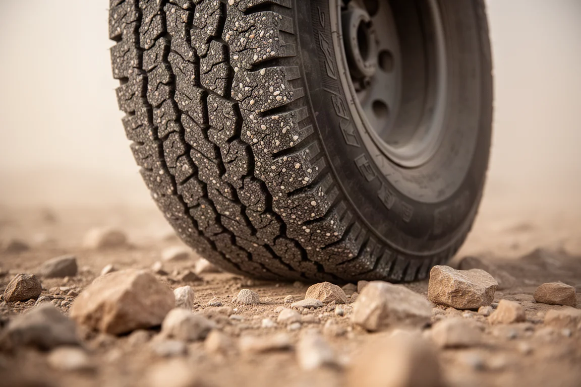 Primo piano del battistrada largo di una gomma gravel appoggiata su una superficie ghiaiosa e asciutta