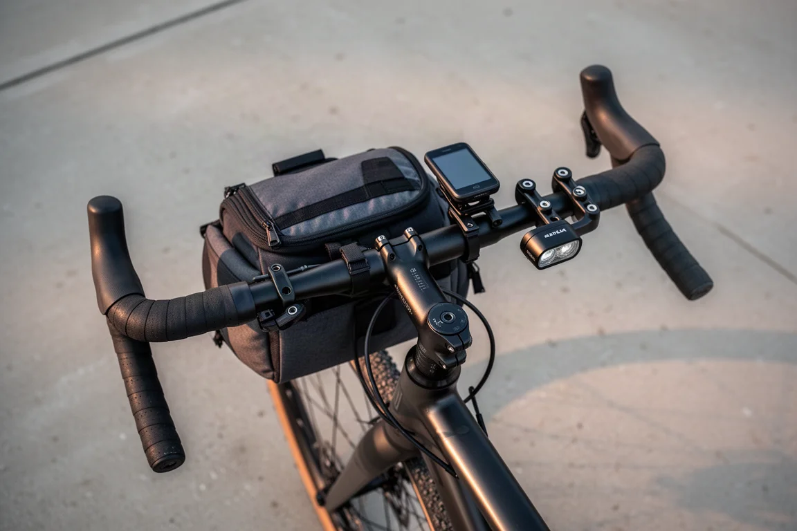 Cockpit del manubrio con borsa, prolunghe e supporti per accessori all'alba