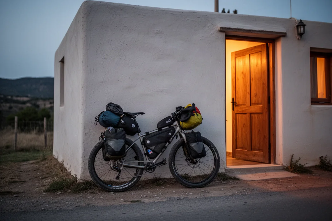 Bici da bikepacking scarica davanti a un piccolo alloggio lungo la strada al crepuscolo