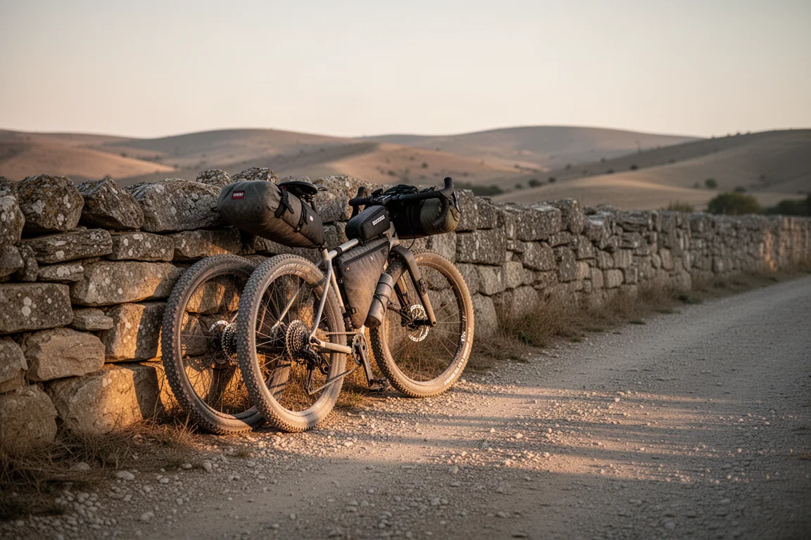 Loaded bikepacking bike leaning against a stone wall on an arid gravel track at dawn