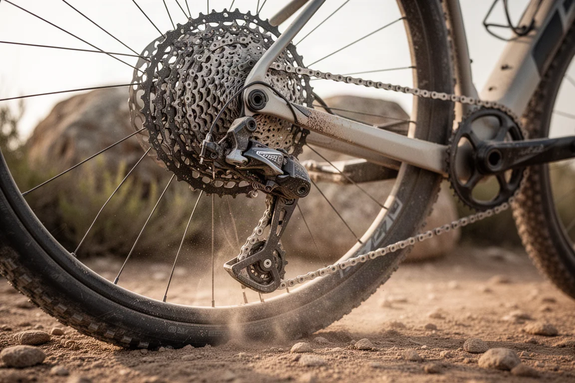 Close-up of a wide-range cassette and rear derailleur on a dusty gravel bike