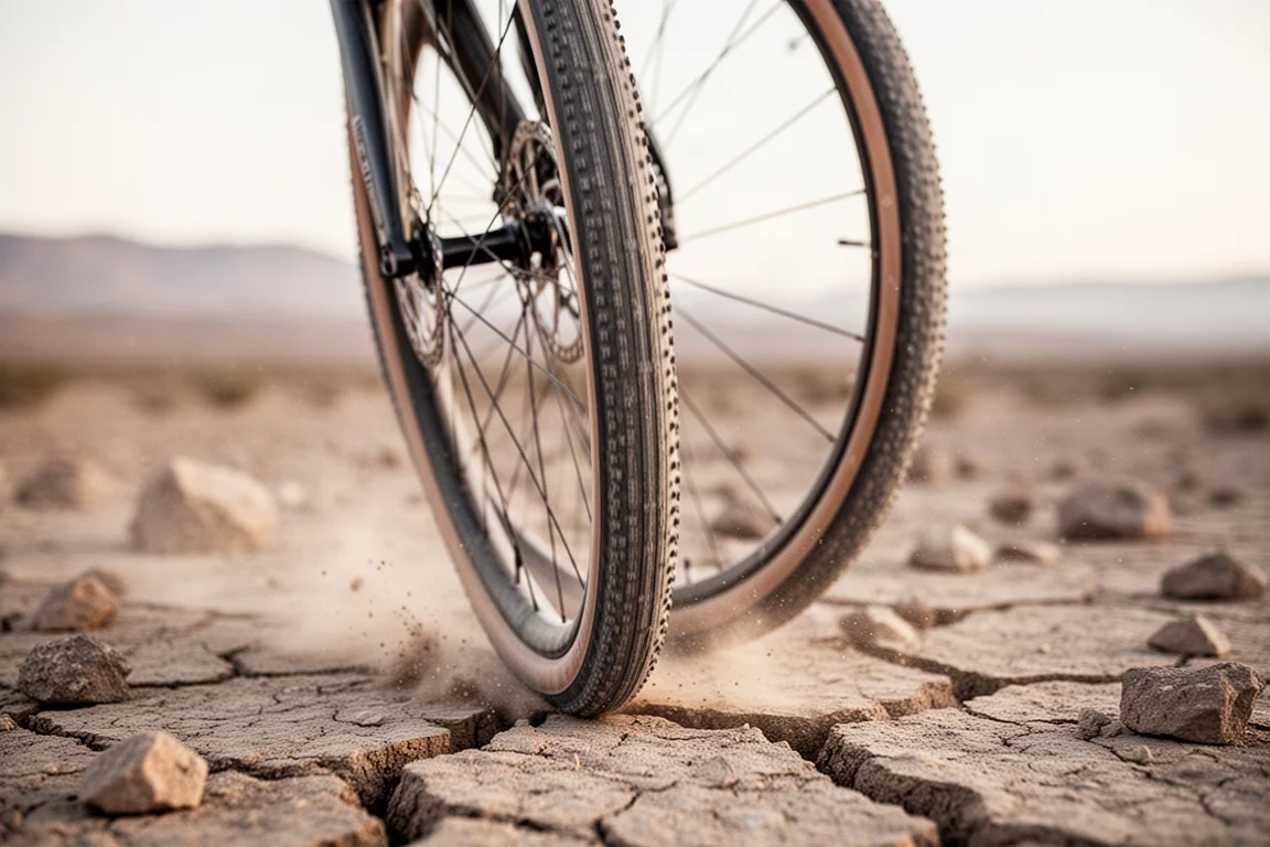 Gravel bike tire with a tough casing rolling over cracked rocky ground