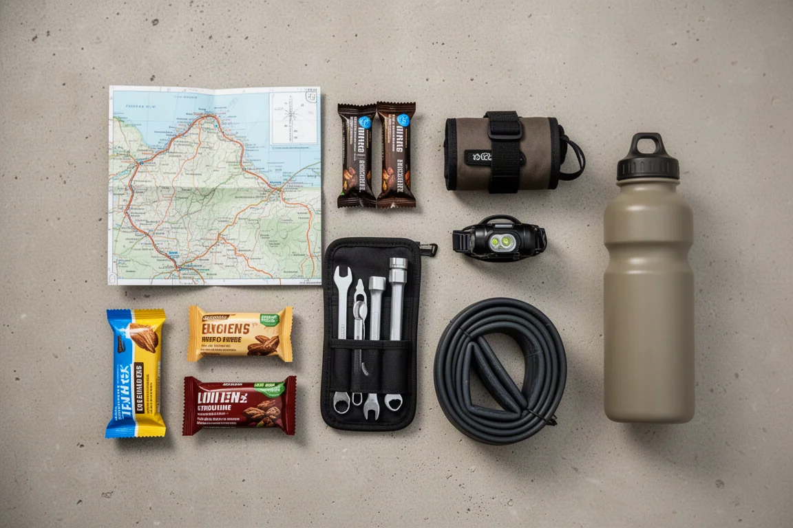 Overhead flat lay of bikepacking essentials on a concrete surface