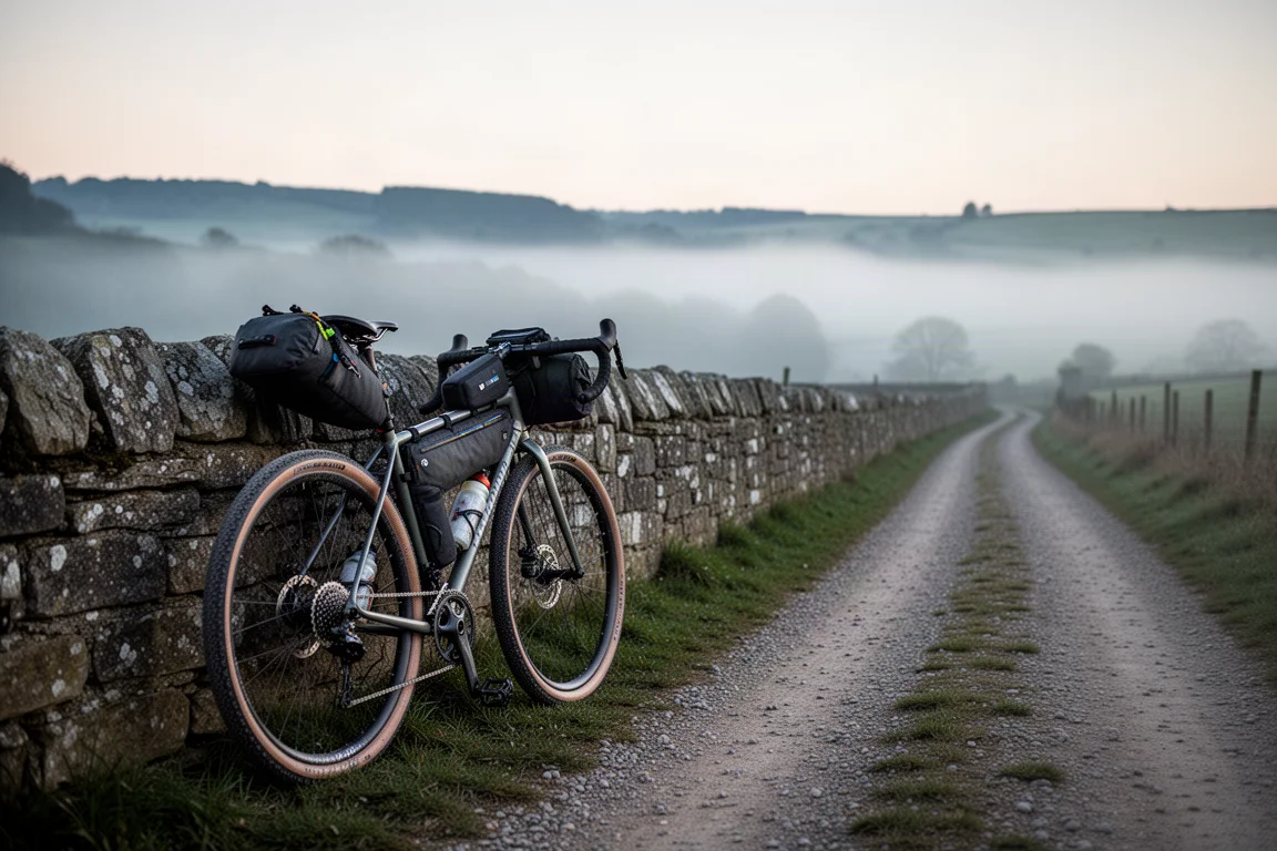 Lastad gravelcykel lutad mot en stenmur i gryningen med en dimmig dal bakom
