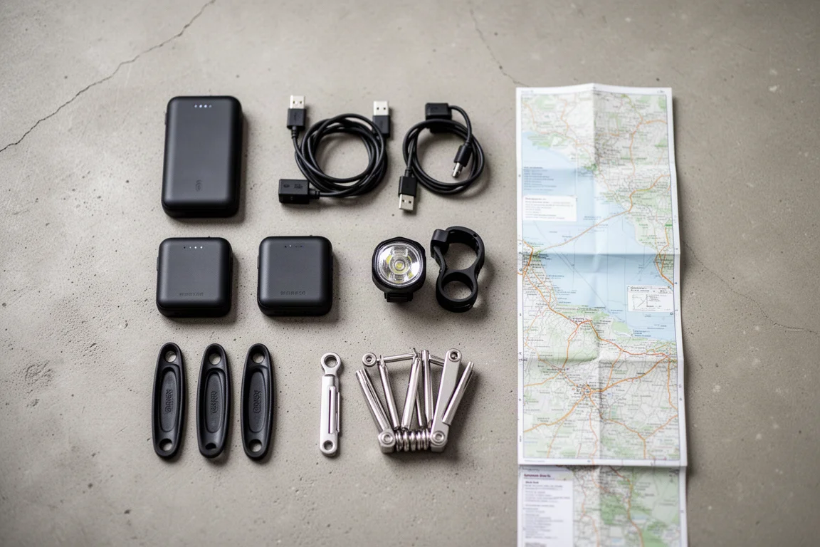 Upplägg ovanifrån av batteripaket, USB-kabel, styrmonterad lampa, däckavtagare och multiverktyg