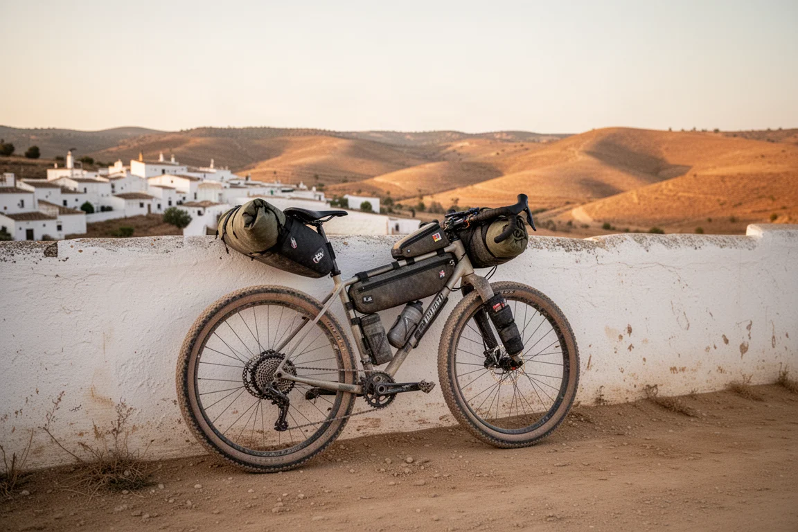 Beladenes Gravel-Bikepacking-Rad, das im Morgengrauen an einer weiß getünchten Wand lehnt
