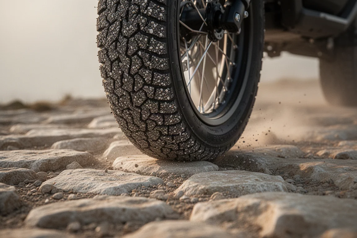 Nahaufnahme eines Semi-Slick-Gravelreifens auf einem rauen Kalksteinschotterweg