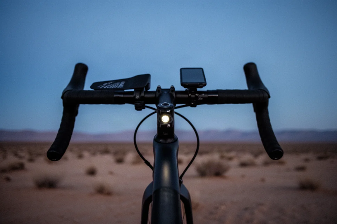 Silhouette eines Gravelbike-Cockpits mit Aero-Aufsätzen in der Abenddämmerung in der Wüste