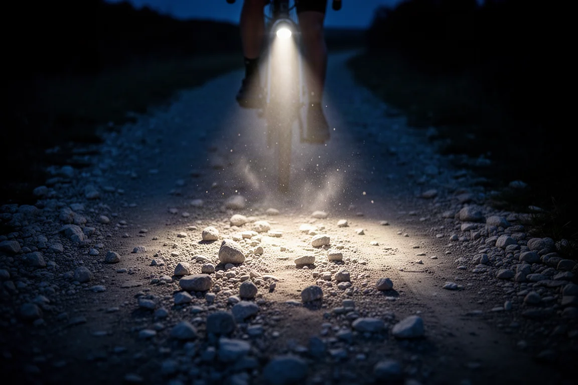 Lichtkegel einer Fahrradlampe, der nachts über einen steinigen Gravelweg schneidet