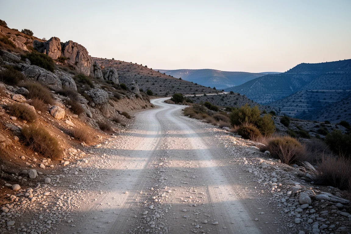 Pista de gravel rugosa serpenteando entre colinas rocosas y secas al atardecer