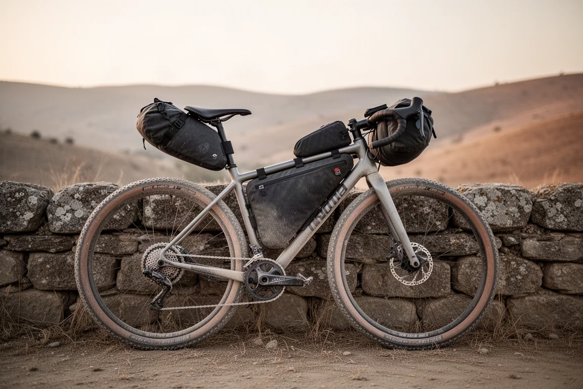 Bici gravel cargada apoyada contra un muro de piedra desgastado al amanecer
