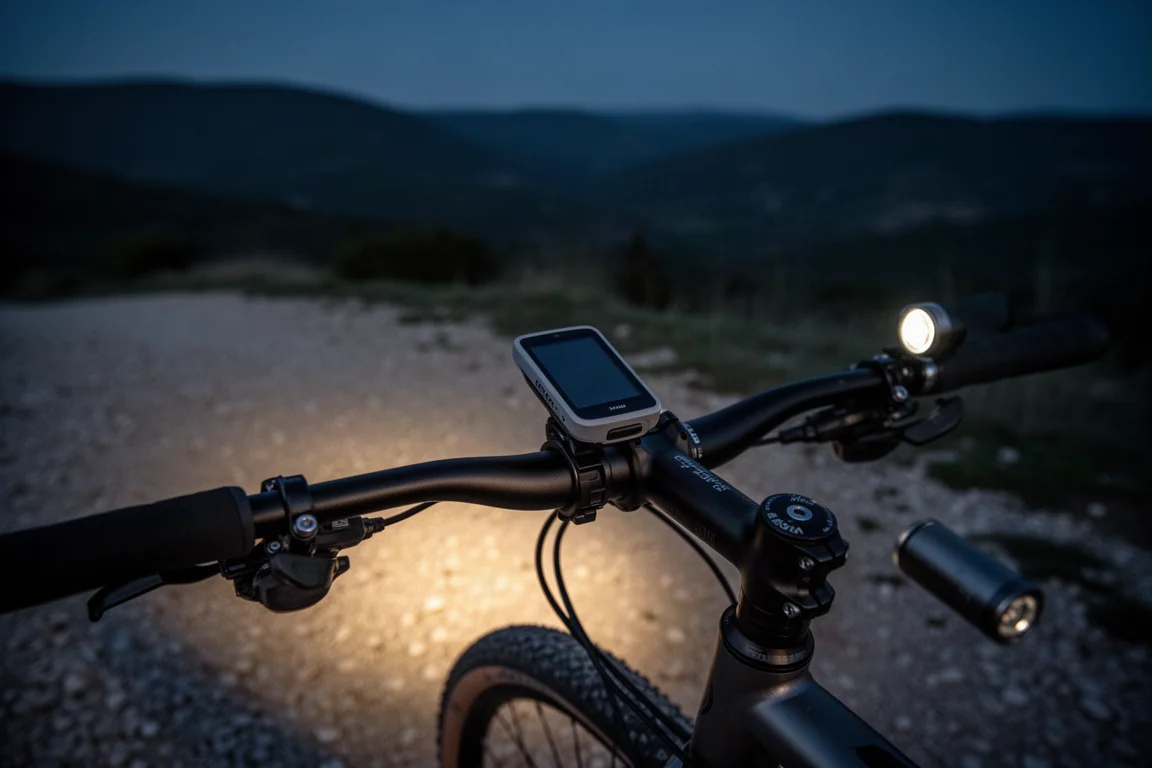 Manillar con ciclocomputador y luz delantera encendida en una salida gravel nocturna
