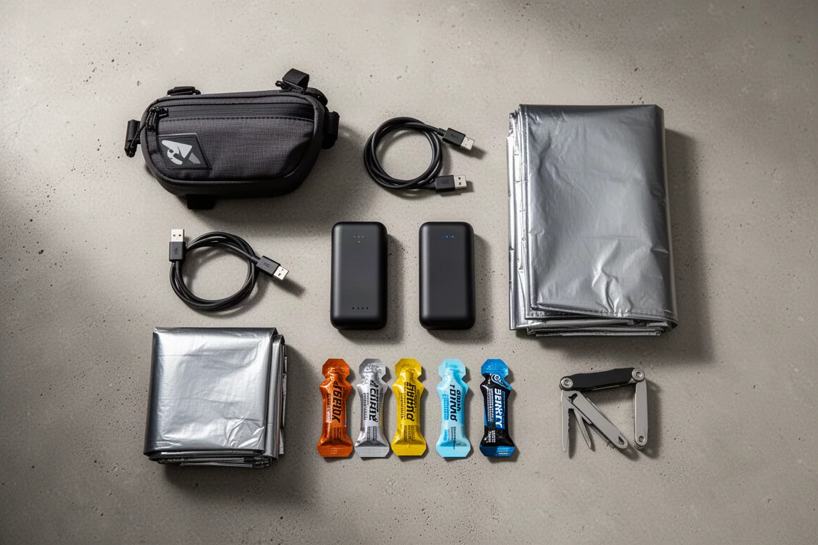 Vista cenital de esenciales de ciclismo de ultradistancia sobre hormigón