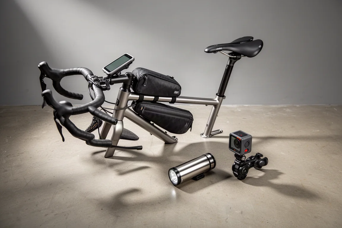 Ultra-distance gravel bike components arranged on a concrete floor