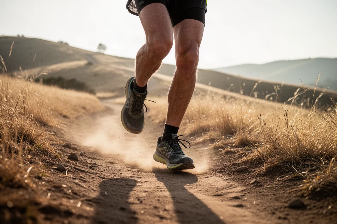 Los pies de un corredor de trail en un sendero estrecho y polvoriento con luz de mañana
