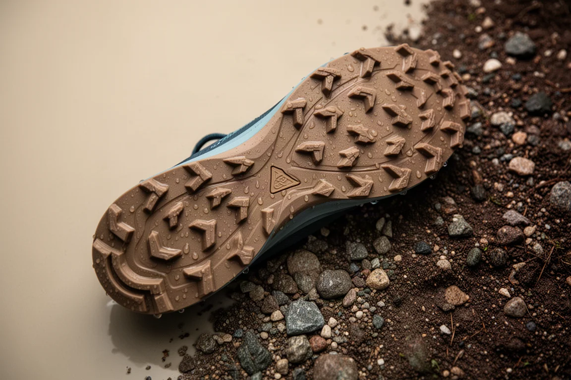 Suela con tacos de una zapatilla de trail pisando grava y tierra mojadas