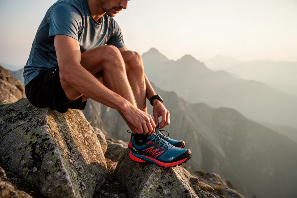 Corredor de trail atándose las zapatillas en una cresta de montaña antes de un trote largo