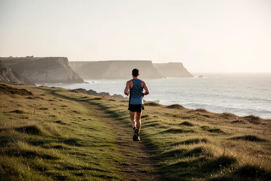 Trail runner on a coastal path with the sea visible in the distance