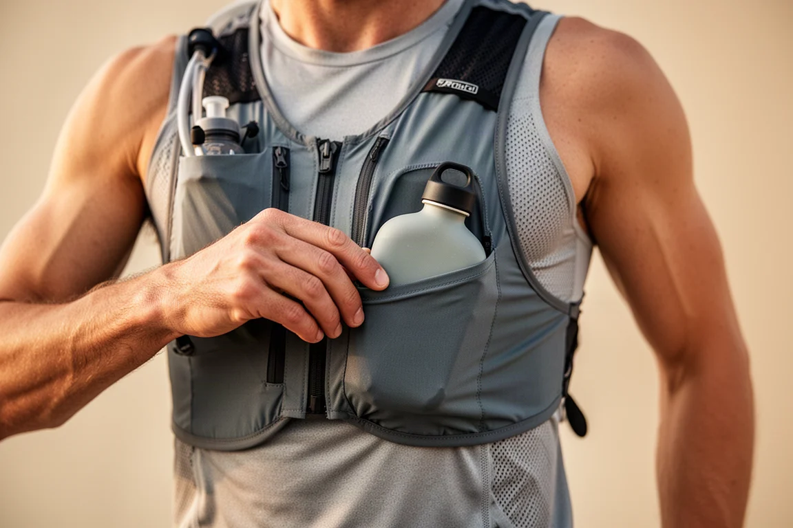 Close-up of a race vest front pocket holding a soft flask during a run