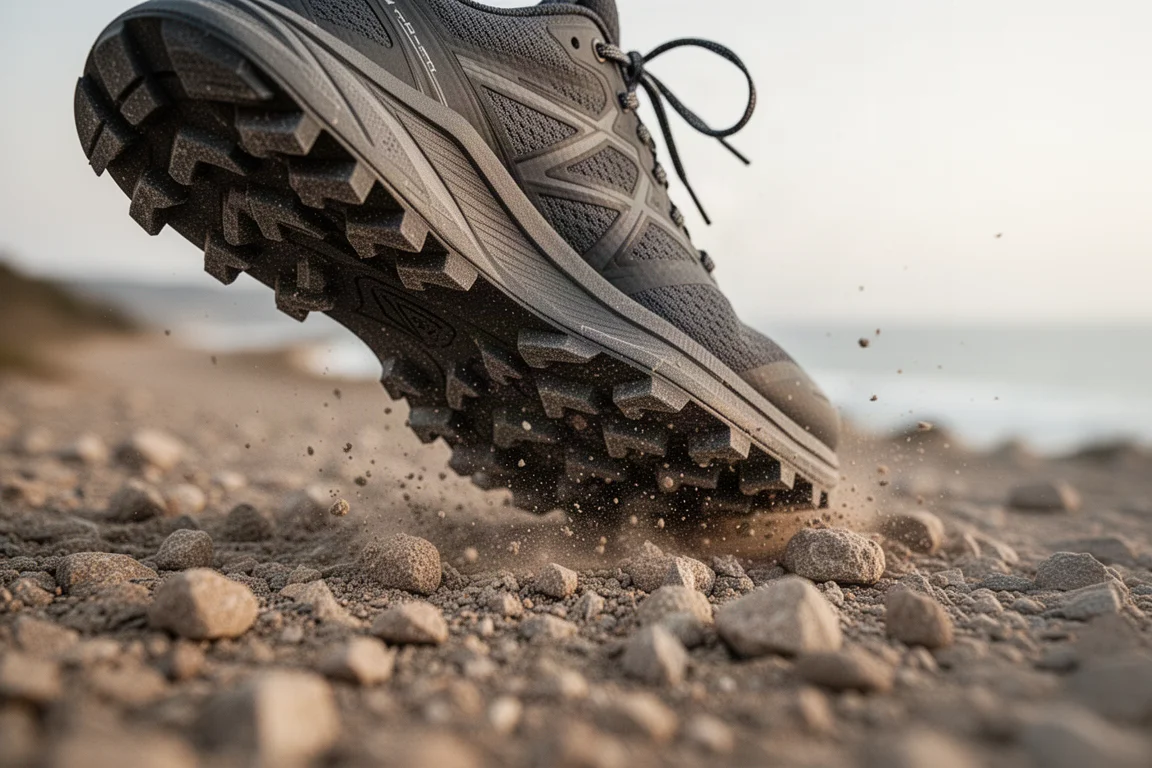 Trail shoe treads pressed into loose gravel on a coastal trail