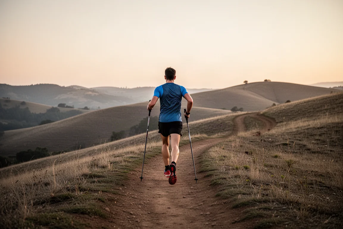 Runner striding uphill using carbon trail running poles at dusk