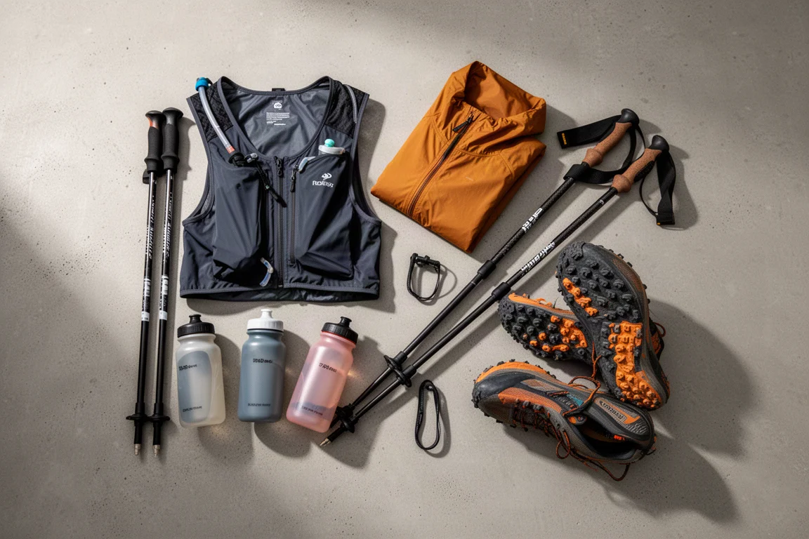 Flat-lay of trail running race kit including vest, flasks, poles, and shoes on concrete
