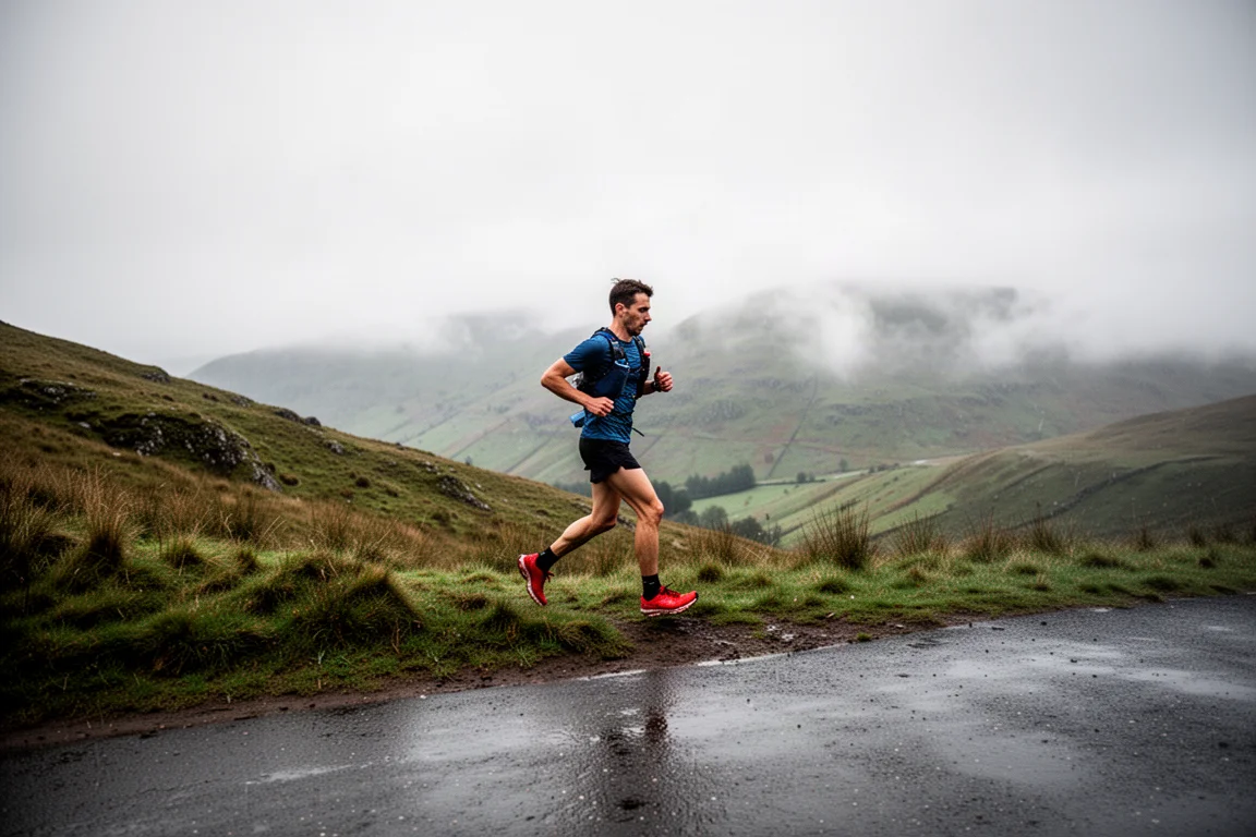 Corredor de trail subiendo un sendero herboso empinado en el Lake District